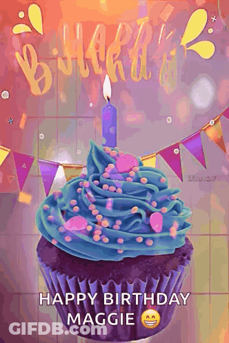 A Happy Birthday Maggie Greeting Card With A Cupcake And Candle GIF