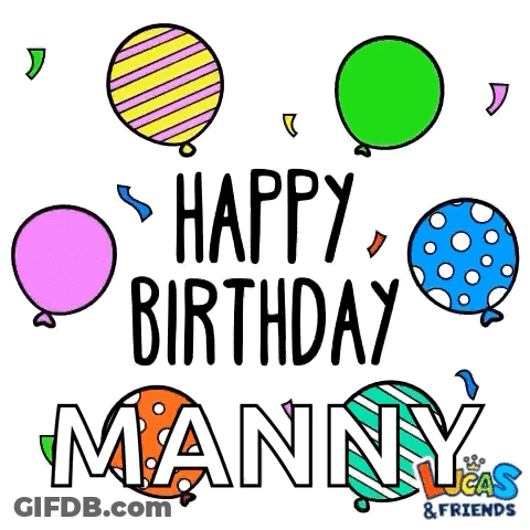 A Happy Birthday Manny Greeting Card With Balloons And Confetti GIF