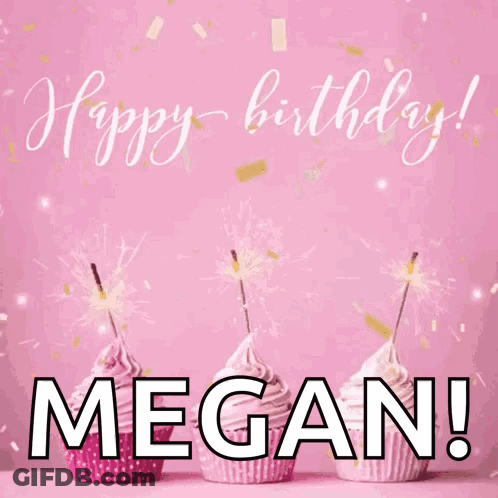 A Happy Birthday Megan Greeting Card With Pink Cupcakes And Sparklers GIF