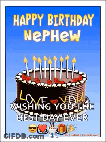 A Happy Birthday Nephew Greeting Card With A Cake And Candles GIF