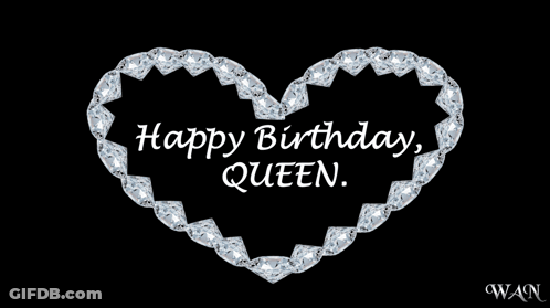 A Happy Birthday Queen Card With A Heart Made Of Diamonds GIF