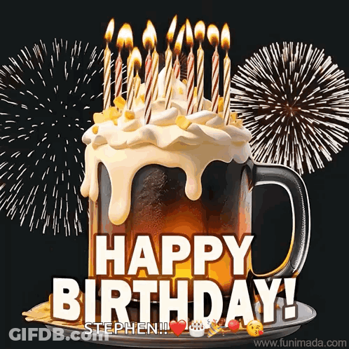 A Happy Birthday Stephen Greeting With A Beer Mug Cake With Candles GIF