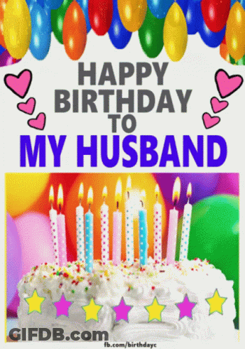 A Happy Birthday To My Husband Card With A Cake And Candles GIF