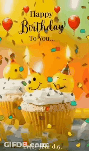 A Happy Birthday To You Greeting Card With Cupcakes , Candles And Confetti . GIF
