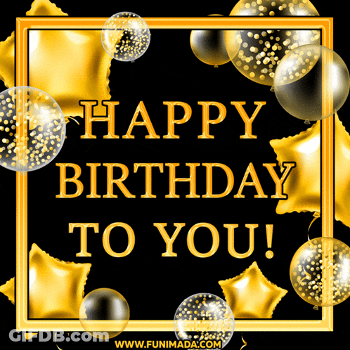 A Happy Birthday To You Greeting Card With Gold Balloons On A Black Background GIF