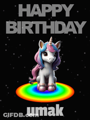 A Happy Birthday Umak Card With A Cake And A Rainbow GIF