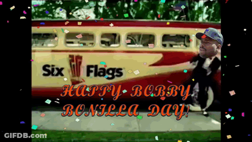 A Happy Bobby Bonilla Day Poster With A Man In Front Of A Bus GIF