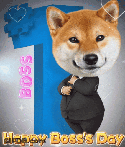 A Happy Boss 'S Day Greeting Card With A Dog Wearing A Suit GIF