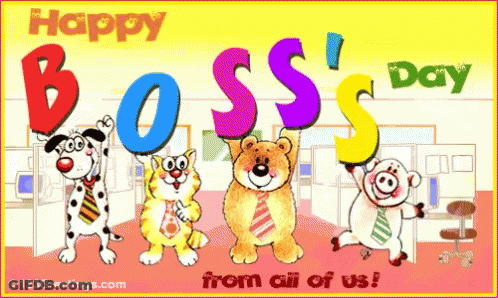 A Happy Boss 'S Day Greeting Card With Cartoon Characters Holding Balloons GIF