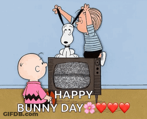 A Happy Bunny Day Greeting Card With Snoopy And Charlie Brown On A Tv GIF