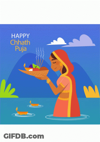 A Happy Chhath Puja Greeting Card With A Woman In A River GIF