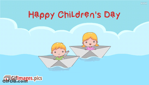 A Happy Children 'S Day Greeting Card With A Boy And Girl In Paper Boats GIF