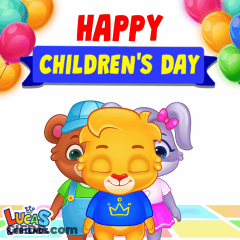 A Happy Children 'S Day Sign With A Lion And A Rabbit GIF