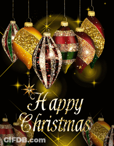 A Happy Christmas Card With Christmas Ornaments Hanging From Strings GIF
