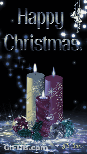A Happy Christmas Greeting Card With Candles And Decorations GIF