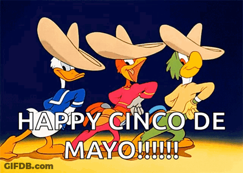 A Happy Cinco De Mayo Greeting Card With Three Cartoon Characters Dancing GIF