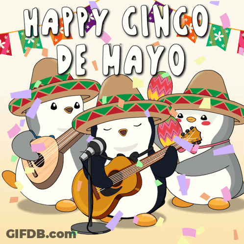 A Happy Cinco De Mayo Greeting Card With Three Penguins Playing Guitars GIF