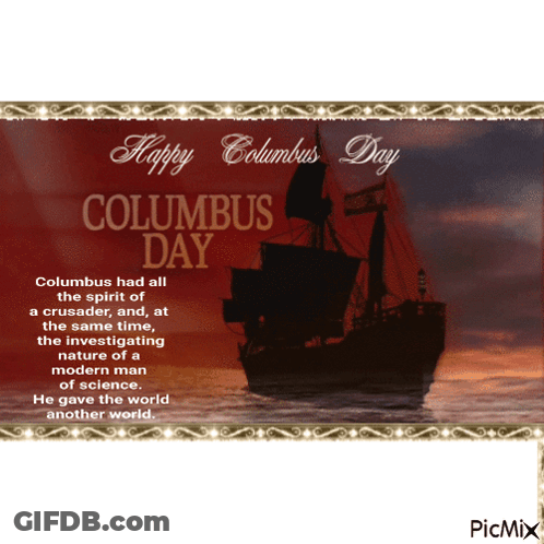A Happy Columbus Day Card With A Ship In The Water GIF