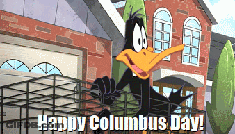 A Happy Columbus Day Greeting With A Duck On A Balcony GIF