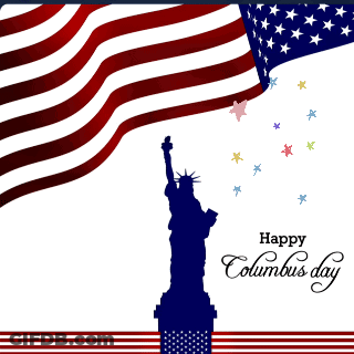 A Happy Columbus Day Poster With A Statue Of Liberty And An American Flag GIF