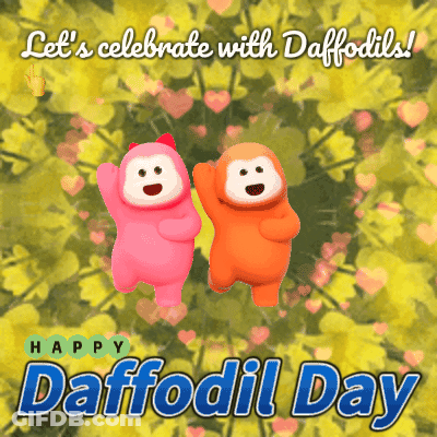 A Happy Daffodil Day Greeting Card With A Pink And Orange Teddy Bear GIF