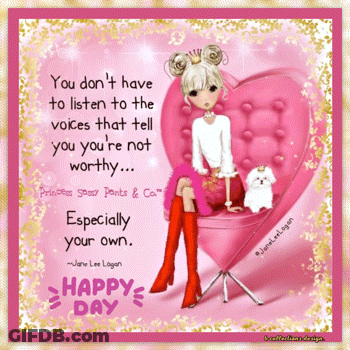 A Happy Day Card With A Girl Sitting On A Pink Heart GIF