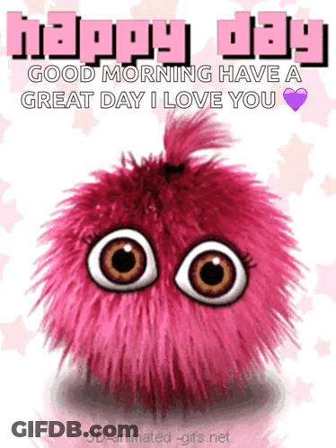 A Happy Day Greeting Card With A Pink Stuffed Animal With Big Eyes GIF