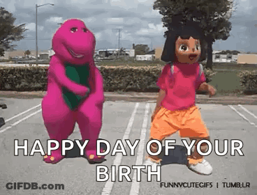 A Happy Day Of Your Birth Greeting Card With Barney And Dora Dancing GIF