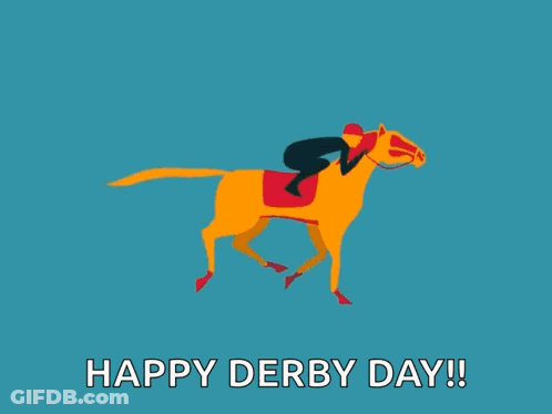 A Happy Derby Day Greeting Card With A Horse And Jockey On It GIF