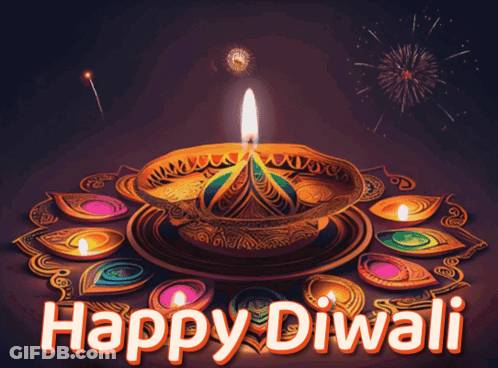 A Happy Diwali Greeting Card With A Lit Candle And Fireworks GIF