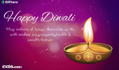 A Happy Diwali Greeting Card With A Lit Candle On A Purple Background GIF