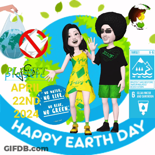 A Happy Earth Day Poster With A Man And Woman GIF