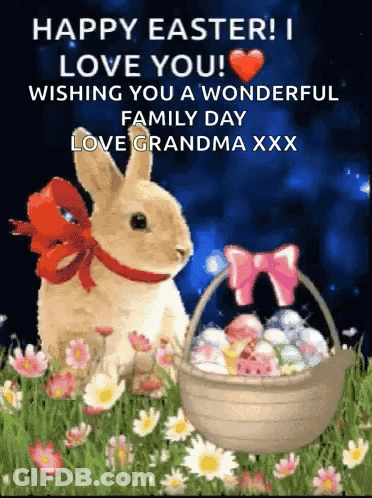 A Happy Easter Card With A Bunny And A Basket Of Eggs GIF