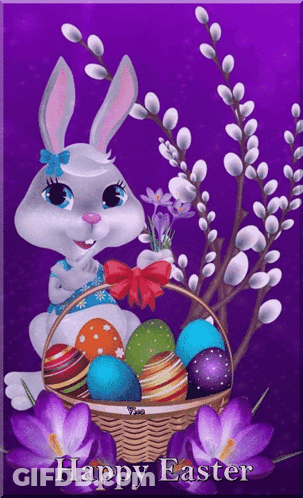 A Happy Easter Card With A Bunny Holding A Basket Full Of Eggs GIF