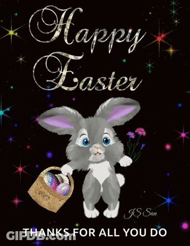 A Happy Easter Card With A Bunny Holding A Basket Of Easter Eggs GIF