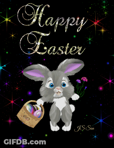 A Happy Easter Card With A Bunny Holding A Basket Of Easter Eggs GIF
