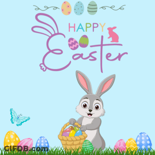 A Happy Easter Card With A Bunny Holding A Basket Of Easter Eggs GIF