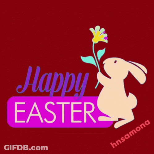 A Happy Easter Card With A Bunny Holding A Flower GIF