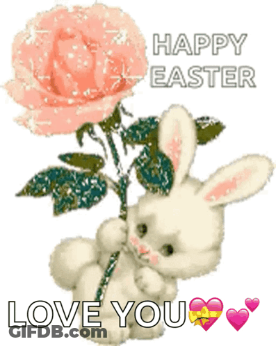 A Happy Easter Card With A Bunny Holding A Pink Flower GIF