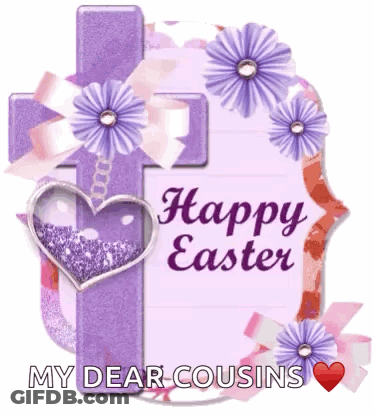 A Happy Easter Card With A Purple Cross And Purple Flowers GIF