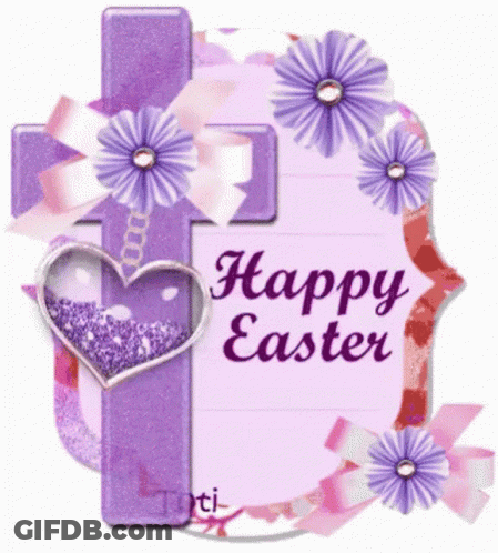 A Happy Easter Card With A Purple Cross And Purple Flowers GIF