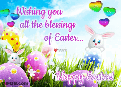 A Happy Easter Card With Easter Eggs And A Bunny GIF