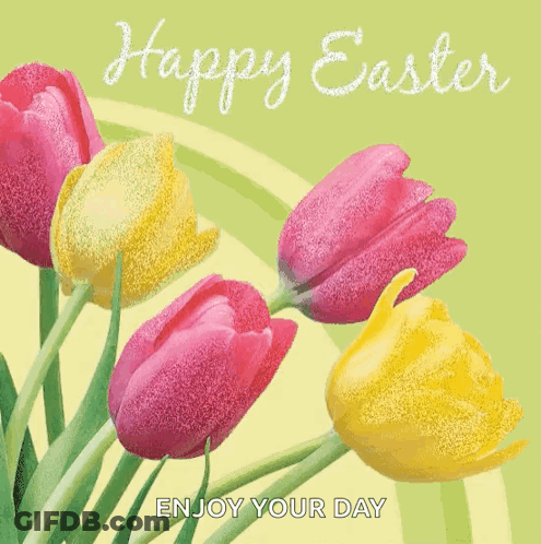 A Happy Easter Card With Pink And Yellow Flowers GIF