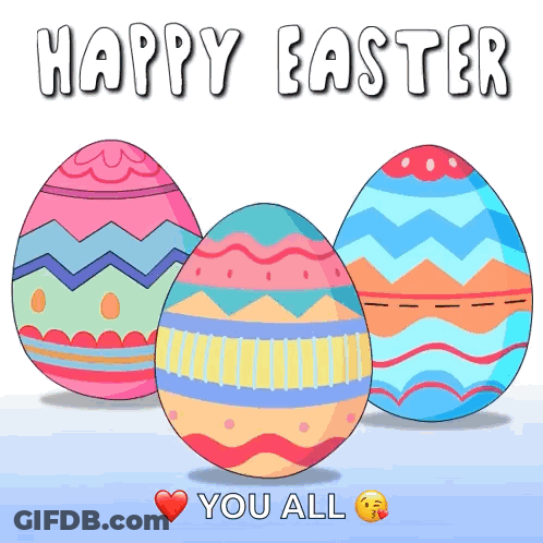 A Happy Easter Card With Three Colorful Eggs And A Heart GIF