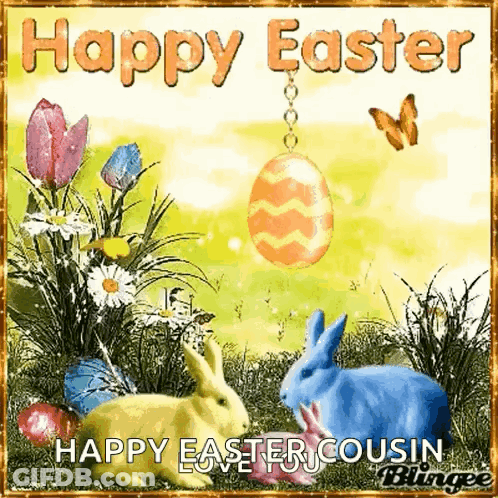 A Happy Easter Cousin Greeting Card With Two Rabbits And An Egg GIF