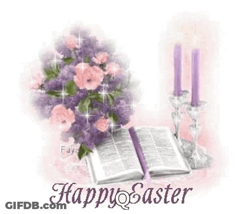 A Happy Easter Greeting Card With A Bible Candles And Flowers GIF