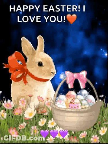 A Happy Easter Greeting Card With A Bunny And A Basket Full Of Easter Eggs GIF