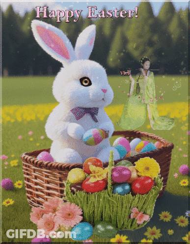A Happy Easter Greeting Card With A Bunny And A Basket Full Of Easter Eggs GIF