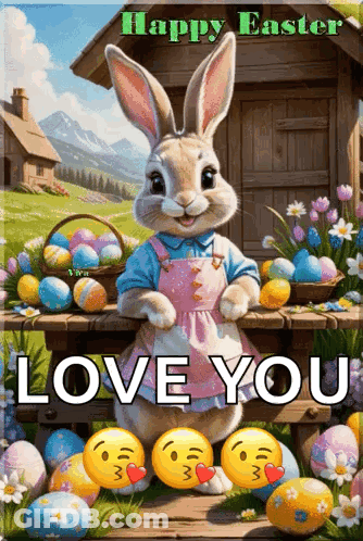 A Happy Easter Greeting Card With A Bunny And Easter Eggs . GIF