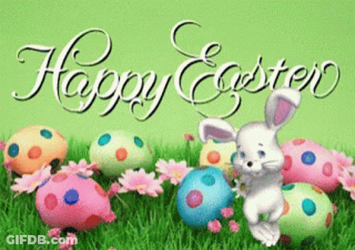 A Happy Easter Greeting Card With A Bunny And Eggs GIF